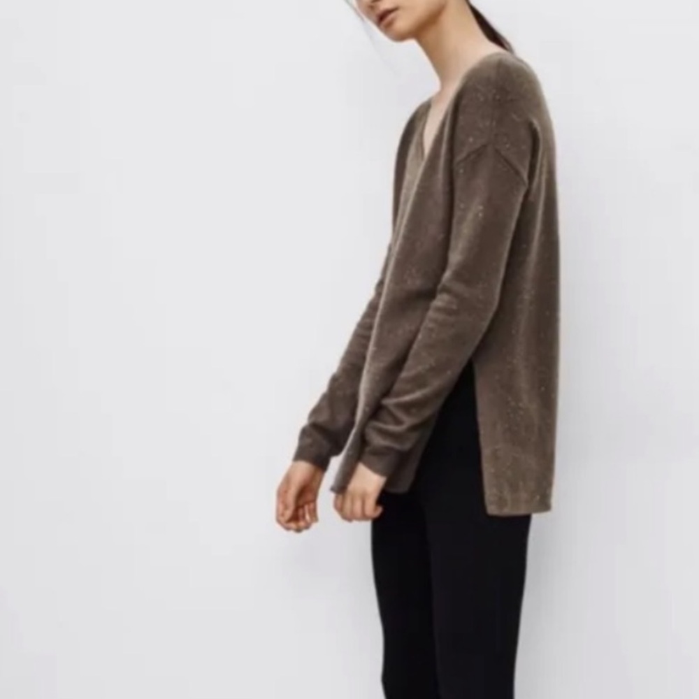 Aritzia Talula Blue Marled Knit V-Neck Wool Blend Sweater Vented Hem Jumper - Picture 7 of 11